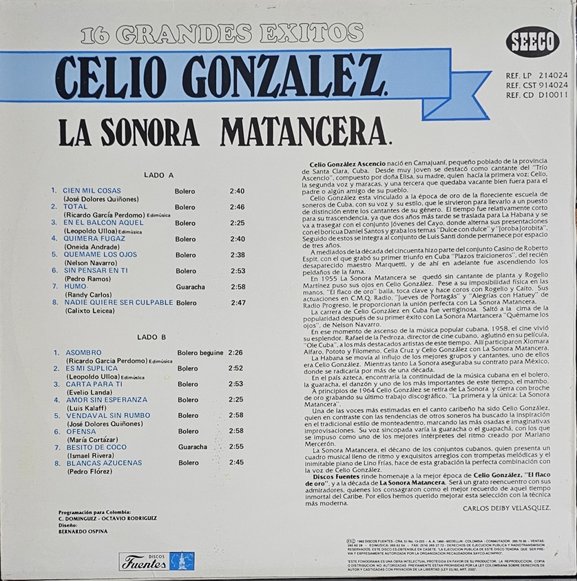Contraportada - La Sonora Matancera - Grandes Éxitos Celio González